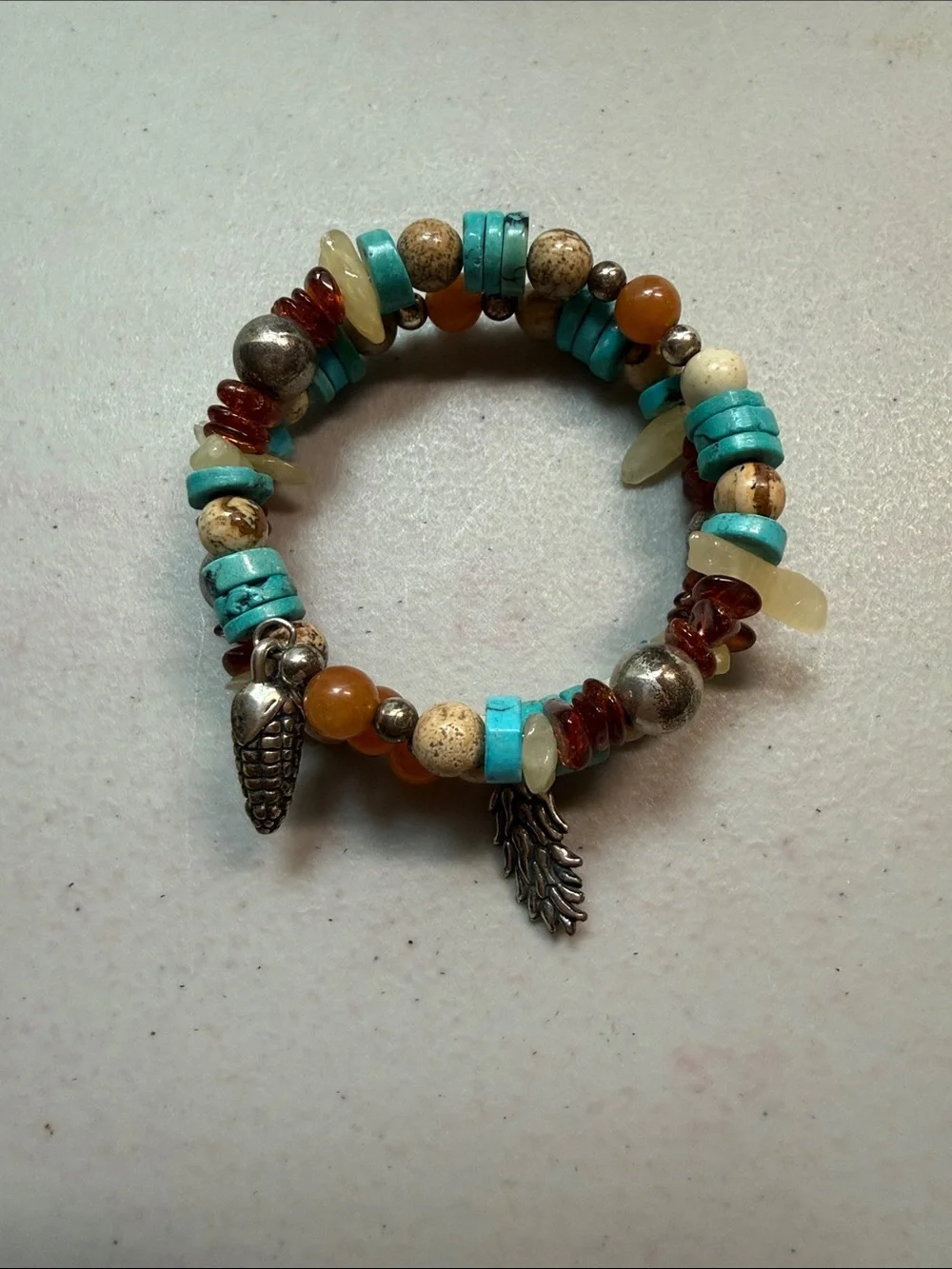 Carolyn Pollack coil Beaded Turquoise & Amber Charm Bracelet w/ sterling charms